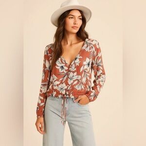 Roxy Rust Floral V-Neck Tie-Front Blouse
